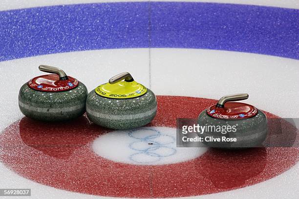 Stones are seen during the Gold medal match of the men's curling between United States and Great Britain during Day 14 of the Turin 2006 Winter...