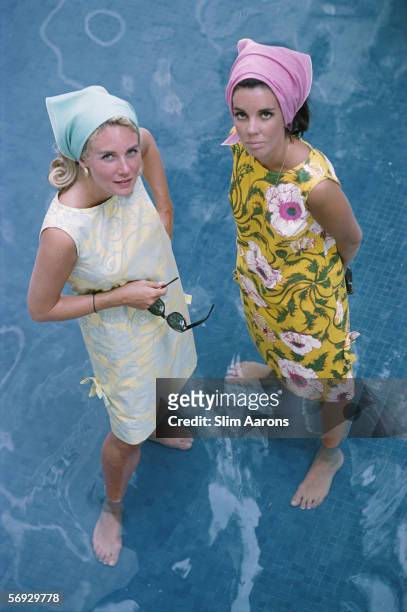 American socialite Wendy Vanderbilt and another woman wearing Lilly Pulitzer sun dresses in Palm Beach, Florida, 1964.