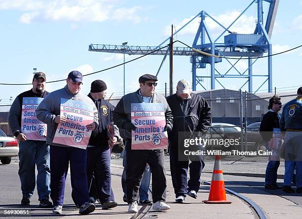 Teamsters demonstrate against the sale of the Tioga Marine Terminal to Dubai Ports World outside the Tioga Marine Terminal February 24, 2006 in...