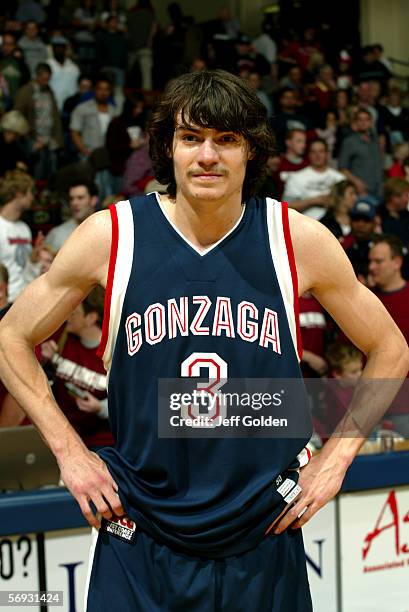 Adam Morrison of the Gonzaga Bulldogs looks on as he waits to be interviewed on ABC television after the game against the Loyola Marymount Lions on...