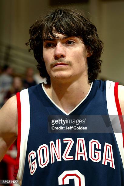 Adam Morrison of the Gonzaga Bulldogs looks on as he waits to be interviewed on ABC television after the game against the Loyola Marymount Lions on...