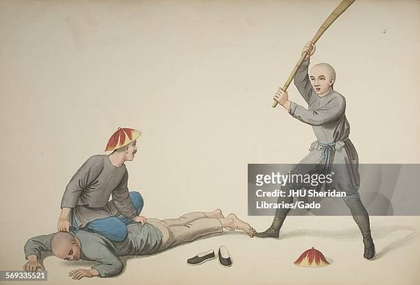 Prisoner undergoing the bastinade, the beating of his feet by a guard with a bamboo pole, 1806.