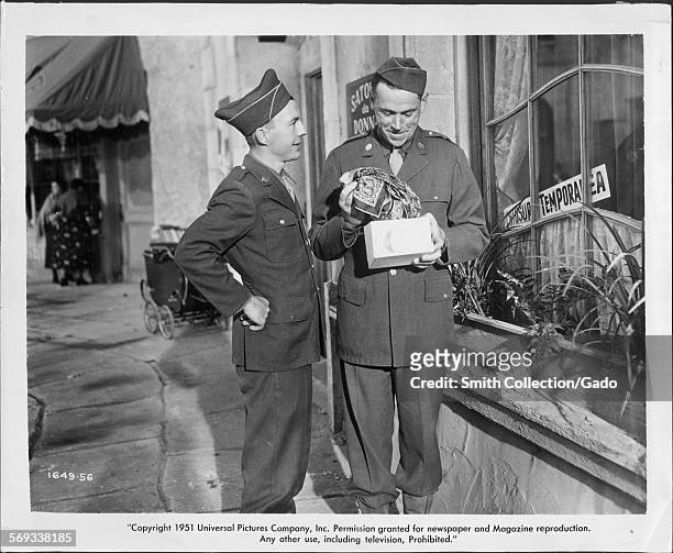 David Wayne and Tom Ewell star in film Up Front based on World War II comic characters Willie and Joe, 1951.