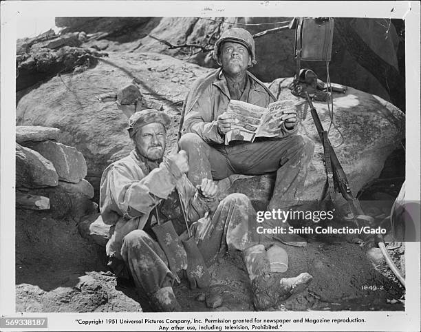 David Wayne and Tom Ewell as two World War II soldiers in film Up Front, 1951.