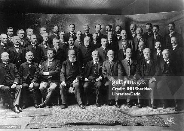 Faculty group portrait, Johns Hopkins University, Baltimore, Maryland, 1901. Sherwood, Sidney, Smith, Kirby Flower, Hulburt, Lorrain Sherman,...