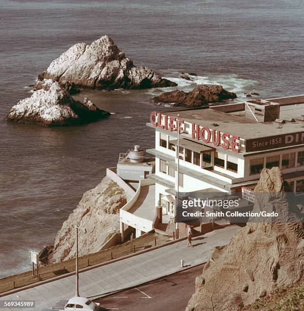 High angle view of the Cliff House, a popular restaurant since 1858, San Francisco, California, 1980.