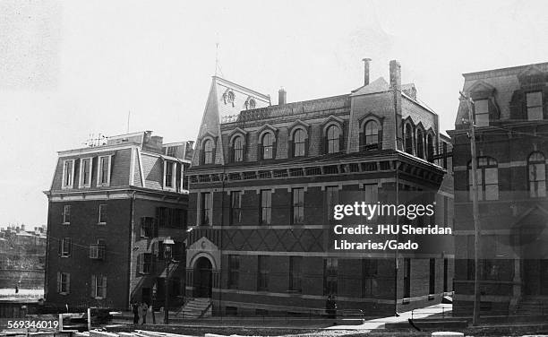 Hopkins Hall, looking southeast, Old Campus, Johns Hopkins University, Baltimore, Maryland, 1885. Administration Building in background.