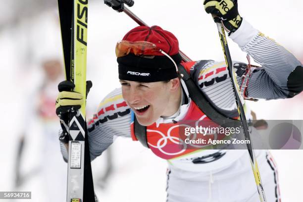 Uschi Disl of Germany celebrates winning the Silver Medal the Womens Biathlon 12.5km Mass Start Final on Day 15 of the 2006 Turin Winter Olympic...