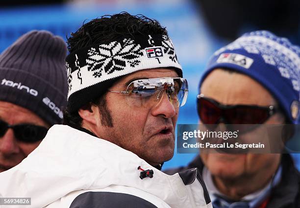 Alberto Tomba of Italy attends the Final of the Mens Alpine Skiing Slalom on Day 15 of the 2006 Turin Winter Olympic Games on February 25, 2006 in...