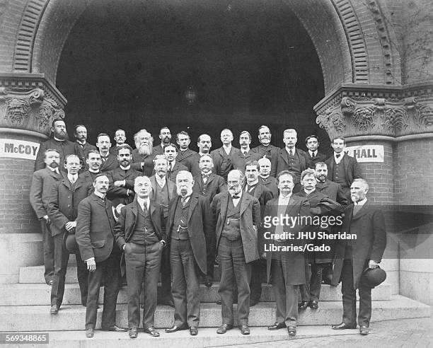 Oriental Society, 1898. Daniel Coit Gilman, Paul Haupt, Maurice Bloomfield, Charles Rockwell Lanman, Frank Ringgold Blake, Group photograph on steps...