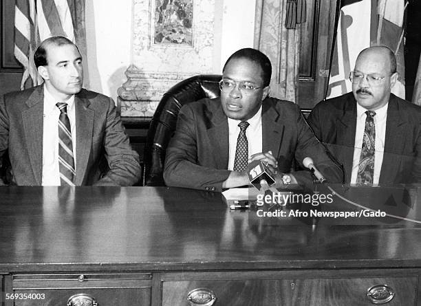 With Peter Lowell Beilenson and city commissioner Eli Dorsey, Mayor Kurt Schmoke announcing new commissioner of health, 1980.