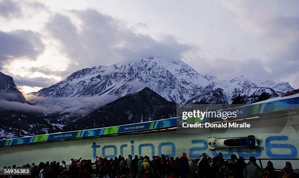 Pilot Evgeny Popov and teammates Sergei Golubev, Piotr Makartchuk and Dmitry Stepushkin of Russia 2 compete in the Four Man Bobsleigh Final on Day 15...