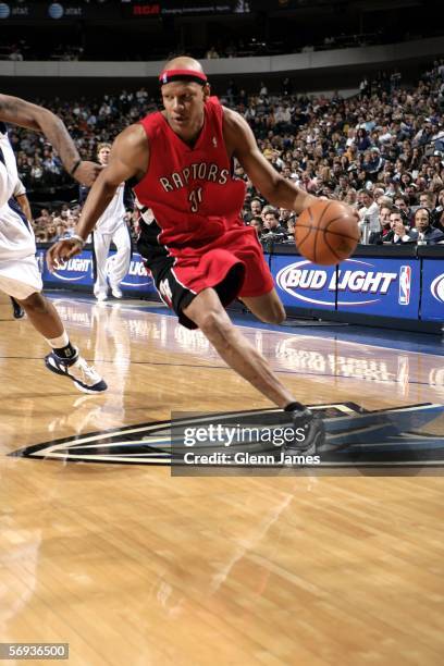 Charlie Villanueva of the Toronto Raptors drives the ball down the court against the Dallas Mavericks on February 25, 2006 at the American Airlines...