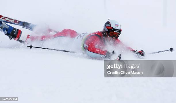 Krystof Kryzl of the Czech Republic falls in the Final of the Mens Alpine Skiing Slalom on Day 15 of the 2006 Turin Winter Olympic Games on February...