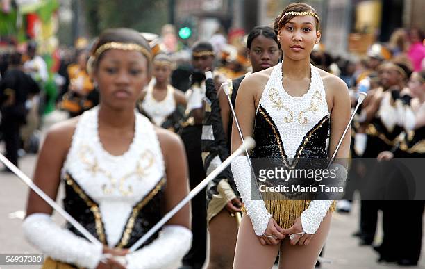 Majorettes participate in the Tucks parade during Mardi Gras festivities February 25, 2006 in New Orleans, Louisiana. New Orleans is celebrating its...