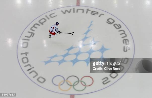 Tomas Kaberle of Czech Republic controls the puck during the bronze medal match of the men's ice hockey match between Russia and Czech Republic...