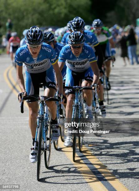 Paolo Salvoldelli of Italy and Viatcheslav Ekimov of Russia head up the Discovery Channel Pro Cycling Team as they drive the peloton during Stage Six...