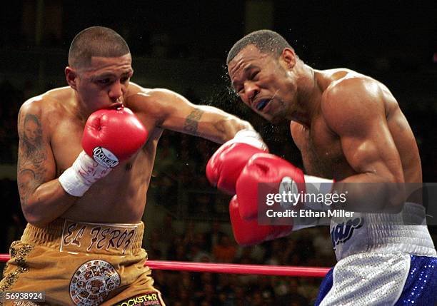 Fernando Vargas knocks back Shane Mosley with a left at the junior middleweight fight at the Mandalay Bay Events Center on February 25, 2006 in Las...