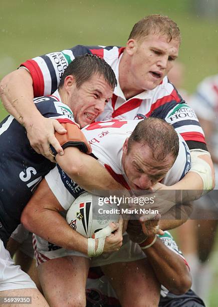 Luke Bailey of the Dragons proves a handful for the Roosters defence during the NRL Pre-Season trial match between the St George Illawarra Dragons...