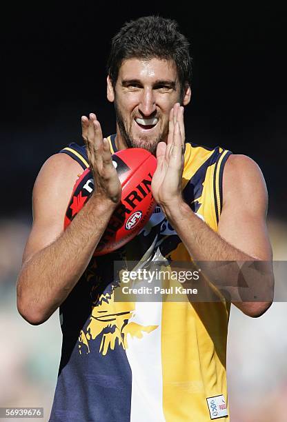 Dean Cox of the Eagles applauds an umpires decision during the round one NAB Cup match between the West Coast Eagles and the Fremantle Dockers at...