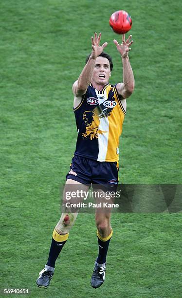 Rowan Jones of the Eagles in action during the round one NAB Cup match between the West Coast Eagles and the Fremantle Dockers at Subiaco Oval...
