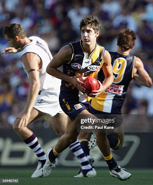 Matt Rosa of the Eagles in action during the round one NAB Cup match between the West Coast Eagles and the Fremantle Dockers at Subiaco Oval February...