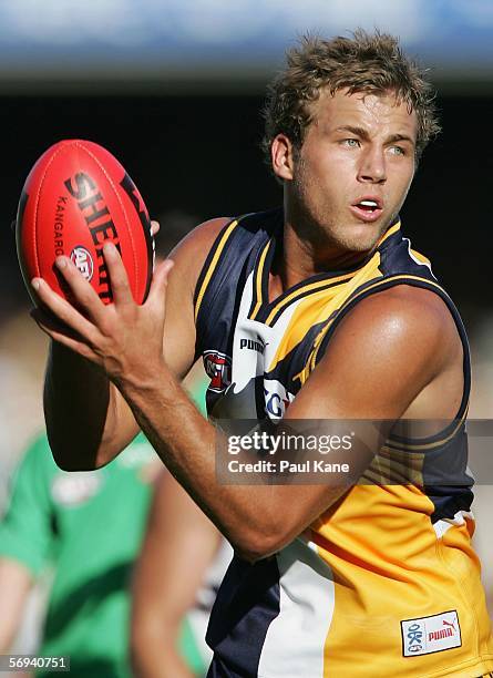 Steven Armstrong of the Eagles in action during the round one NAB Cup match between the West Coast Eagles and the Fremantle Dockers at Subiaco Oval...