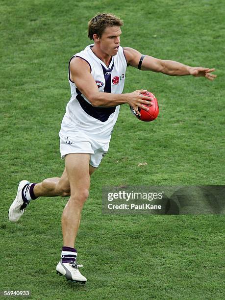 Byron Schammer of the Dockers in action during the round one NAB Cup match between the West Coast Eagles and the Fremantle Dockers at Subiaco Oval...