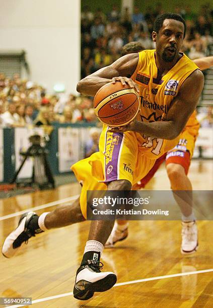 Sedric Webber for the Kings strides towards the basket during Game 2 of the NBL Grand Final between the Melbourne Tigers and the Sydney Kings at the...