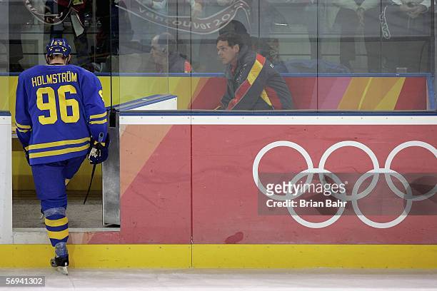 Tomas Holmstrom of Sweden walks into the penalty box during the final of the men's ice hockey match between Finland and Sweden during Day 16 of the...