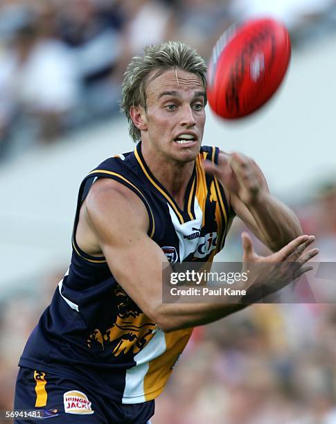 Mark Nicoski of the Eagles in action during the round one NAB Cup match between the West Coast Eagles and the Fremantle Dockers at Subiaco Oval...