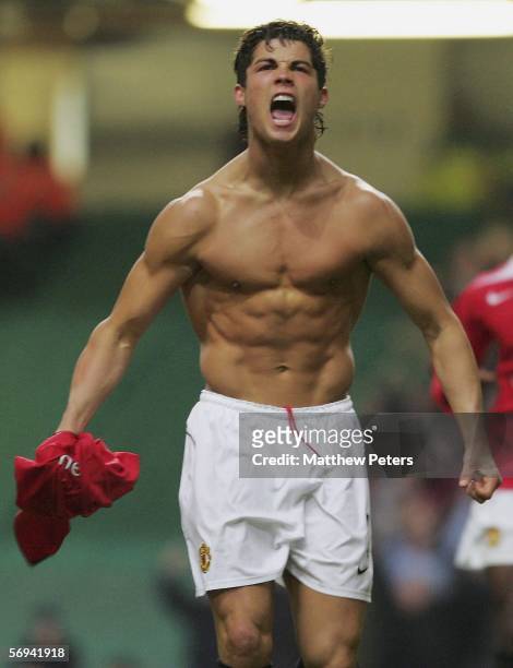 Cristiano Ronaldo of Manchester United celebrates scoring the third goal during the Carling Cup Final match between Manchester United and Wigan...