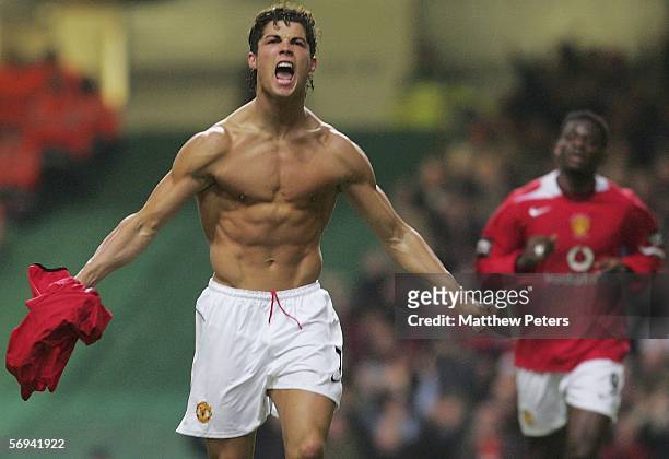 Cristiano Ronaldo of Manchester United celebrates scoring the third goal during the Carling Cup Final match between Manchester United and Wigan...