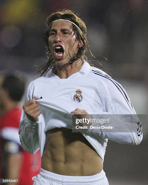 Sergio Ramos of Real Madrid celebrates Real's first goal during a Primera Liga match at the Son Moix stadium on February 26, 2006 in Mallorca, Spain.