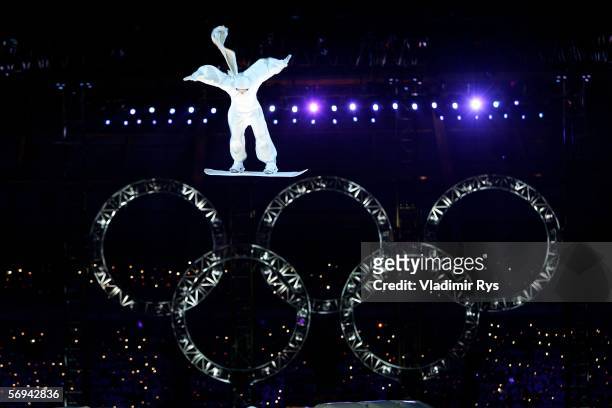 An acrobat performs during the Closing Ceremony of the Turin 2006 Winter Olympic Games on February 26, 2006 at the Olympic Stadium in Turin, Italy.