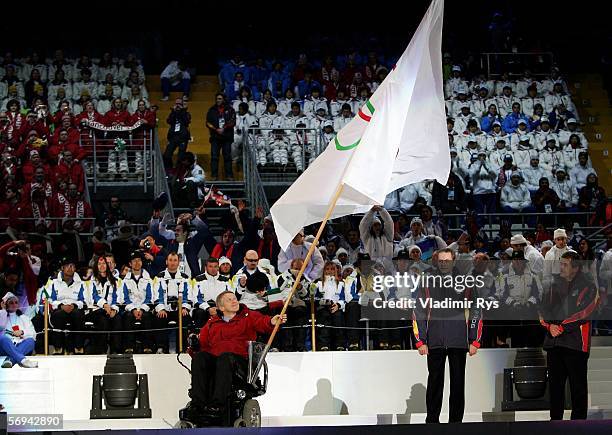 Sergio Chiamparino, the mayor of Turin hands over the Olympic flag to Sam Sullivan the mayor of Vancouver during the Closing Ceremony of the Turin...