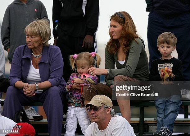 Steffi Graf , her mother and Children Jaz Elle and Jaden Gil watch Qualifying for Tennis Channel Open at Darling Tennis Centre February 26, 2006 in...