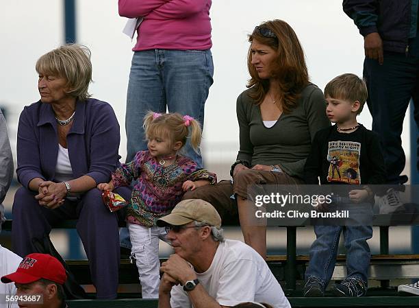 Steffi Graf , her mother and Children Jaz Elle and Jaden Gil watch Qualifying for Tennis Channel Open at Darling Tennis Centre February 26, 2006 in...