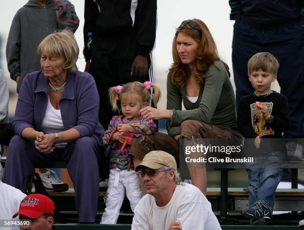 Steffi Graf , her mother and Children Jaz Elle and Jaden Gil watch Qualifying for Tennis Channel Open at Darling Tennis Centre February 26, 2006 in...