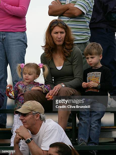 Steffi Graf , and her children Jaz Elle and Jaden Gil watch qualifying for the Tennis Channel Open at Darling Tennis Center February 26, 2006 in Las...