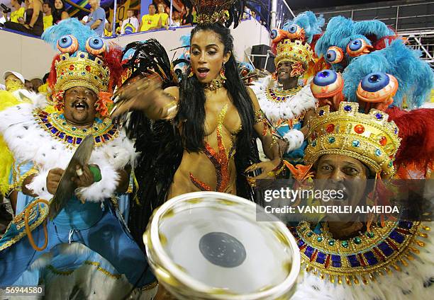 Rio de Janeiro, BRAZIL: Adriana Peritt the queen of the drums of Unidos de Vila Isabel samba school performs ahead of the musicians while their...