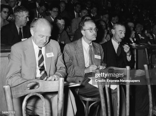 From left in front, German physicist and Nobel laureate Werner Heisenberg , Danish physicist Christian Moller and American nuclear physicist and...