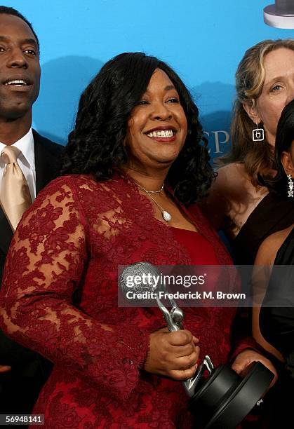 Shonda Rhimes poses in the press room with the cast of Grey's Anatomy at the 37th Annual NAACP Image Awards at the Shrine Auditorium on February 25,...