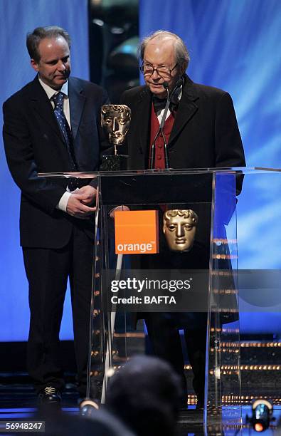 Nick Parks and Peter Sallis accept the Alexander Korda Award for Outstanding British Film of the Year on stage at The Orange British Academy Film...