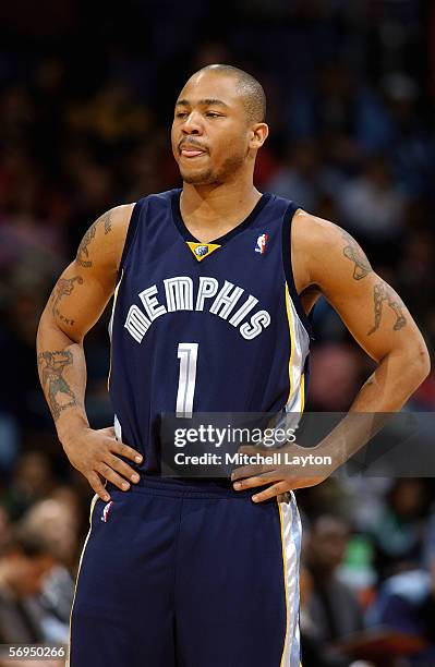 Antonio Burks of the Memphis Grizzles stands on the court during the game with the Washington Wizards on January 22, 2006 at the MCI Center in...