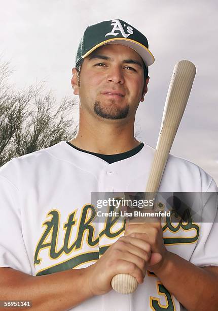 Eric Chavez of the Oakland Athletics poses for a portrait during the Oakland Athletics Photo Day at Papago Park on February 27, 2006 in Phoenix,...