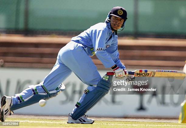 Anjum Chopra of India bats during the third Women's International One Day match between Australia and India at Woodville Oval February 28, 2006 in...