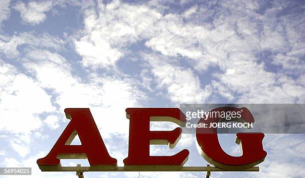 Picture taken 10 December 2001 shows the logo of AEG, the German arm of Swedish electrical appliances giant Electrolux, at the AEG plant in...