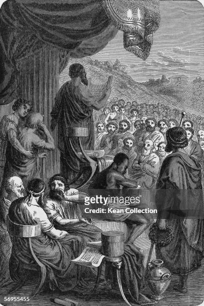 Ancient Greek historian Herodotus reads his 'Histories' to a large crowd of assembled Greeks in a late 19th Century engraving by Heinrich Leutemann .