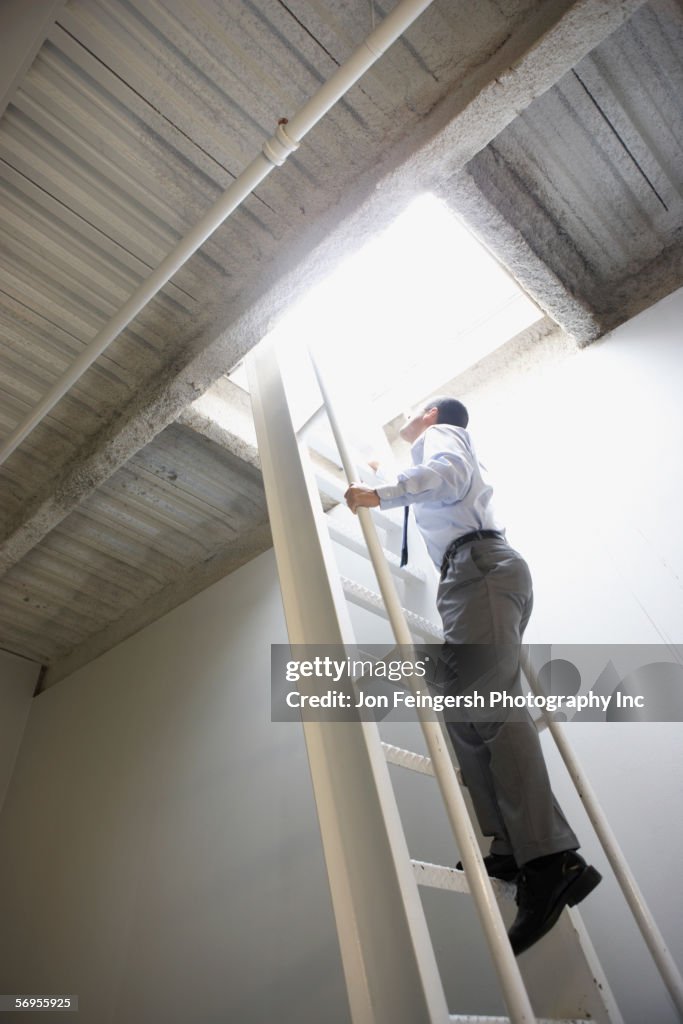 Businessman climbing ladder to roof